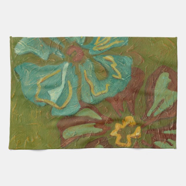 Aqua and Burnt Orange Flowers on Green Background Tea Towel (Horizontal)