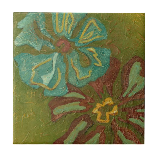 Aqua and Burnt Orange Flowers on Green Background Tile (Front)