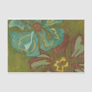 Aqua and Burnt Orange Flowers on Green Background Tissue Paper