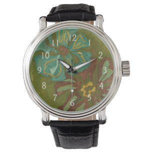 Aqua and Burnt Orange Flowers on Green Background Watch
