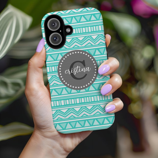 Aqua and Charcoal Aztec Chevron Custom Monogram Case-Mate iPhone Case (Creator Uploaded)