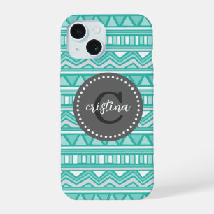 Aqua and Charcoal Aztec Chevron Custom Monogram iPhone 15 Case