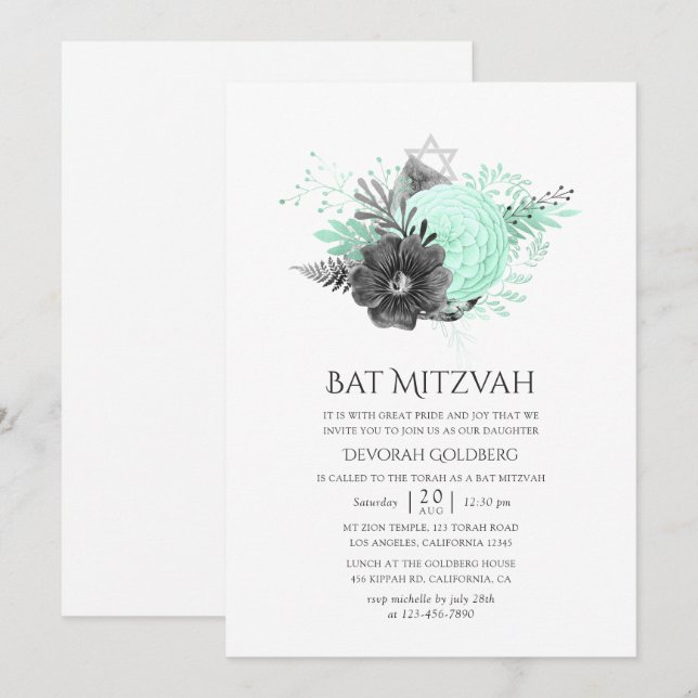 Aqua and Charcoal Floral Rustic Bat Mitzvah Invitation (Front/Back)