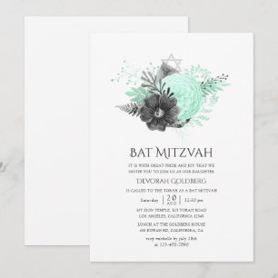 Aqua and Charcoal Floral Rustic Bat Mitzvah Invitation