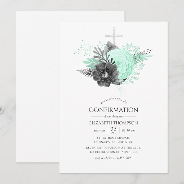 Aqua and Charcoal Floral Rustic Confirmation Invitation (Front/Back)