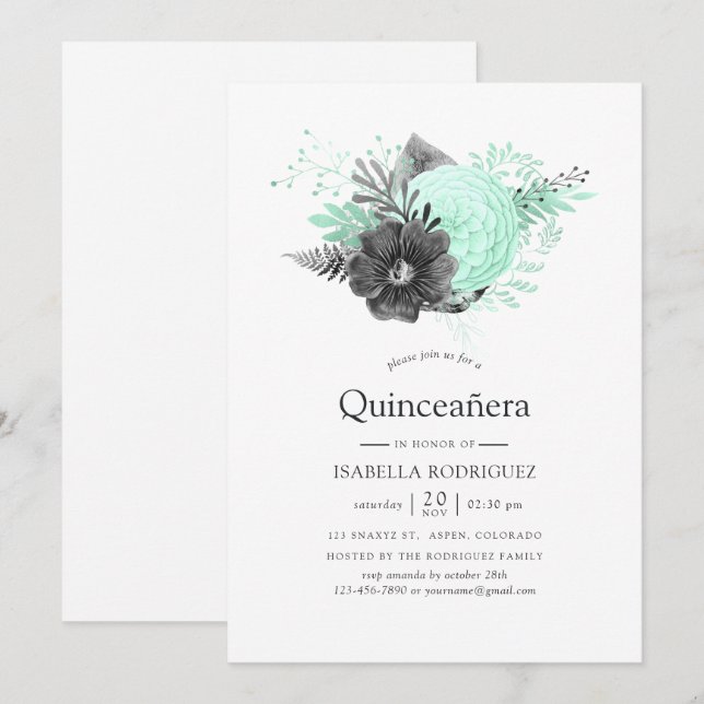 Aqua and Charcoal Floral Rustic Quinceañera Invitation (Front/Back)