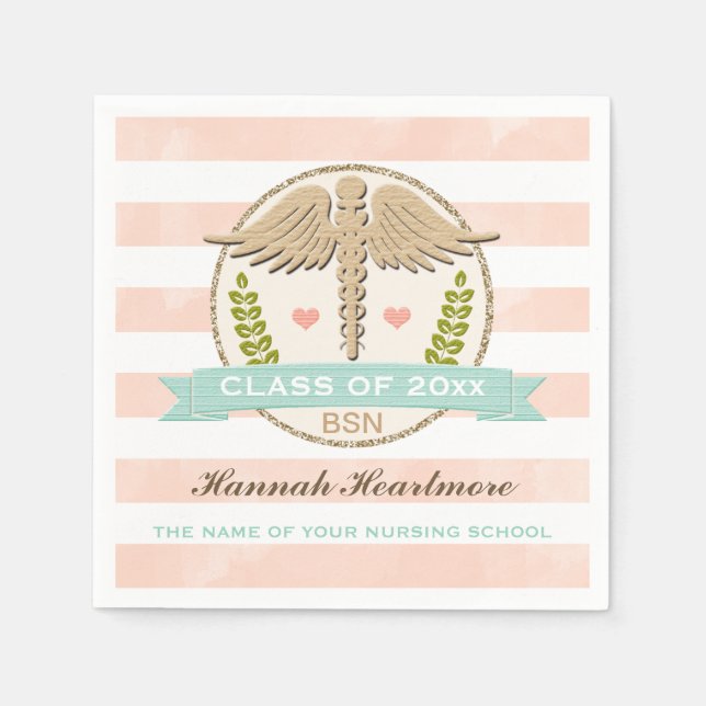 Aqua and Coral Caduceus Nurse Graduation Napkin (Front)