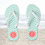 Aqua and Coral Chevron Monogram Flip Flops<br><div class="desc">Custom printed flip flop sandals with a stylish modern chevron pattern and your custom monogram or other text in a circle frame. Click Customise It to change text fonts and colours or add your own images to create a unique one of a kind design!</div>