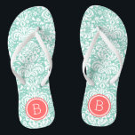 Aqua and Coral Floral Damask Monogram Flip Flops<br><div class="desc">Custom printed flip flop sandals with a stylish elegant floral damask pattern and your custom monogram or other text in a circle frame. Click Customise It to change text fonts and colours or add your own images to create a unique one of a kind design!</div>
