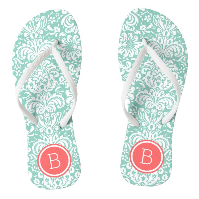 Aqua and Coral Floral Damask Monogram Flip Flops (Footbed)