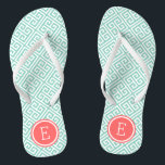Aqua and Coral Greek Key Monogram Flip Flops<br><div class="desc">Custom printed flip flop sandals with a stylish modern Greek key pattern and your custom monogram or other text in a circle frame. Click Customise It to change text fonts and colours or add your own images to create a unique one of a kind design!</div>