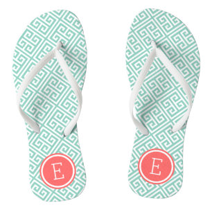 Aqua and Coral Greek Key Monogram Flip Flops