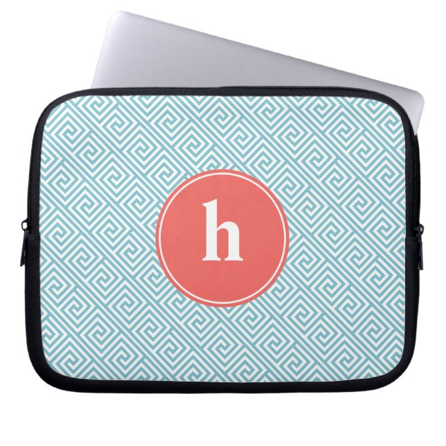 Aqua and Coral Greek Key Pattern Monogram Laptop Sleeve (Front)