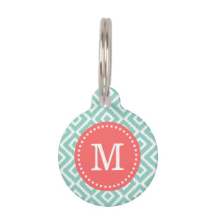 Aqua and Coral Ikat Diamonds Monogram Pet Tag