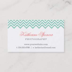 Aqua and Coral Modern Chevron and Polka Dots Business Card