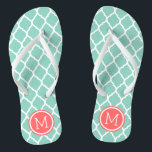 Aqua and Coral Moroccan Quatrefoil Monogram Flip Flops<br><div class="desc">Custom printed flip flop sandals with a stylish Moroccan quatrefoil pattern and your custom monogram or other text in a circle frame. Click Customise It to change text fonts and colours or add your own images to create a unique one of a kind design!</div>