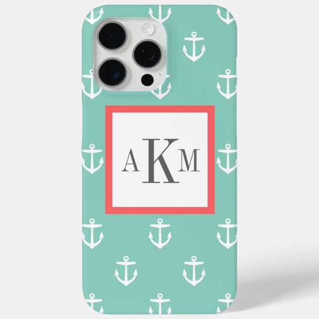 Aqua and Coral Nautical Anchor Custom Monogram Case-Mate iPhone Case (Back)