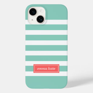 Aqua and Coral Preppy Stripes Monogram Case-Mate iPhone 14 Case