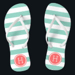 Aqua and Coral Preppy Stripes Monogram Flip Flops<br><div class="desc">Custom printed flip flop sandals with a preppy nautical stripe pattern and your custom monogram or other text in a circle frame. Click Customise It to change text fonts and colours or add your own images to create a unique one of a kind design!</div>