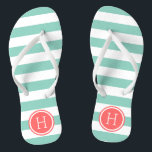 Aqua and Coral Preppy Stripes Monogram Flip Flops<br><div class="desc">Custom printed flip flop sandals with a preppy nautical stripe pattern and your custom monogram or other text in a circle frame. Click Customise It to change text fonts and colours or add your own images to create a unique one of a kind design!</div>