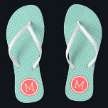 Aqua and Coral Tiny Dots Monogram Flip Flops<br><div class="desc">Custom printed flip flop sandals with a cute girly polka dot pattern and your custom monogram or other text in a circle frame. Click Customise It to change text fonts and colours or add your own images to create a unique one of a kind design!</div>