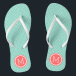 Aqua and Coral Tiny Dots Monogram Flip Flops<br><div class="desc">Custom printed flip flop sandals with a cute girly polka dot pattern and your custom monogram or other text in a circle frame. Click Customise It to change text fonts and colours or add your own images to create a unique one of a kind design!</div>