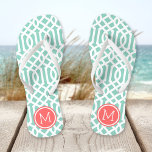 Aqua and Coral Trellis Monogram Flip Flops<br><div class="desc">Custom printed flip flop sandals with a stylish modern trellis pattern and your custom monogram or other text in a circle frame. Click Customise It to change text fonts and colours or add your own images to create a unique one of a kind design!</div>