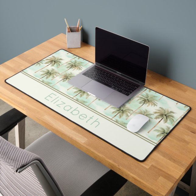 Aqua and Cream Tropical Palm Tree Monogram Desk Mat (Office 2)