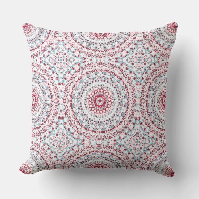 Aqua and Crimson Mandala Pattern Cushion (Front)