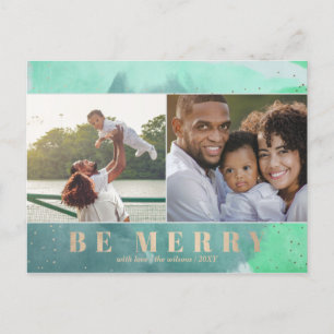 Aqua and Gold Be Merry Abstract Multiple Photo Holiday Postcard