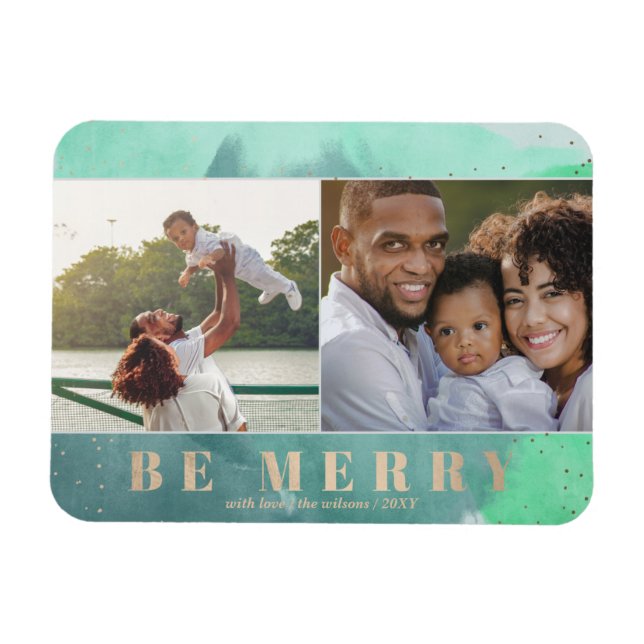Aqua and Gold Be Merry Abstract Multiple photo Magnet (Horizontal)