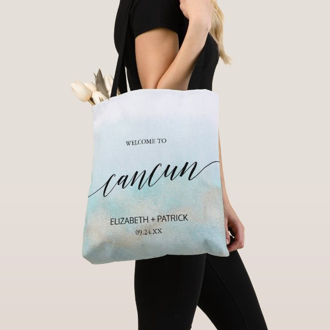 Aqua and Gold Beach Cancun Wedding Welcome Tote Bag (Close Up)