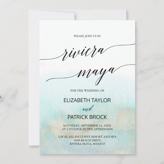 Aqua and Gold Beach Riviera Maya Wedding Invitation (Front)