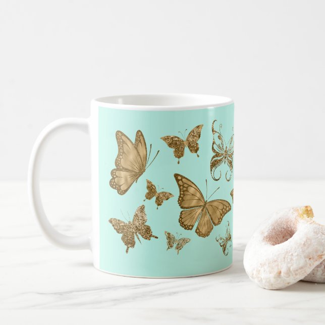 Aqua and Gold Butterfly coffee mug (With Donut)