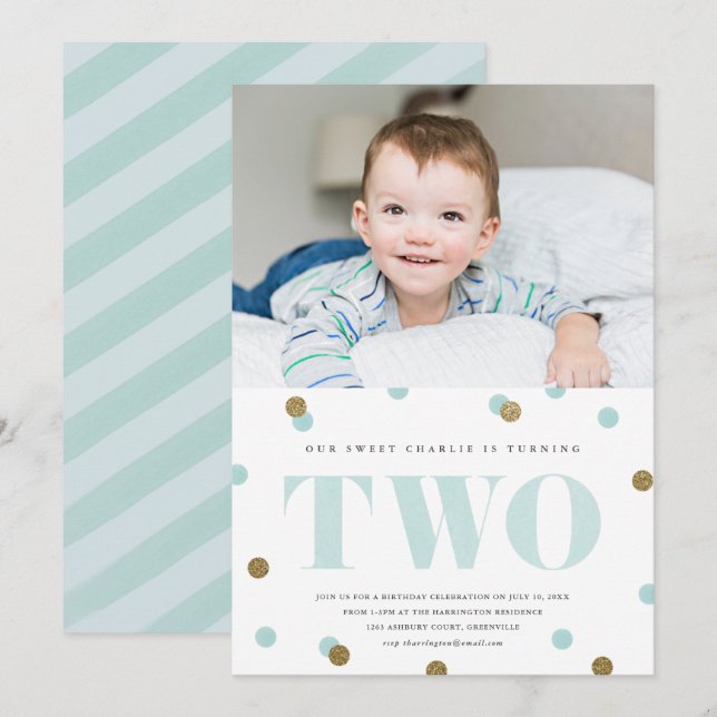 Aqua and gold confetti second birthday party photo invitation (Front/Back)