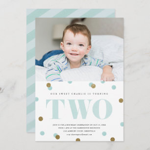 Aqua and gold confetti second birthday party photo invitation