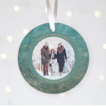 Aqua and Gold Fairy Lights | Two Family Photos Ornament<br><div class="desc">This modern Christmas ornament features a rich,  aqua background with elegant faux gold fairy lights,  and two of your favourite personal photos. Add your family name in gold coloured text.</div>