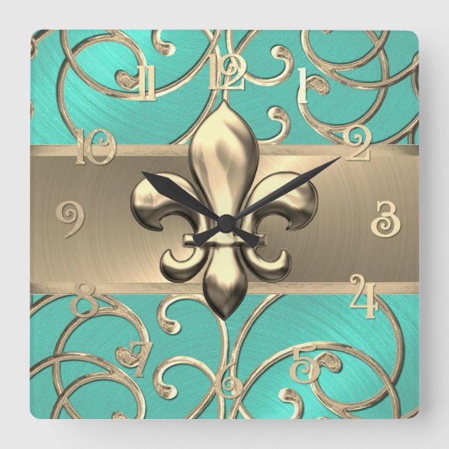 Aqua and Gold Filigree Swirls Fleur de Lis Square Wall Clock (Front)