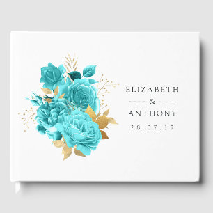 Aqua and Gold Floral Wedding Guest Book