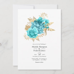 Aqua and Gold Floral Wedding Invitation