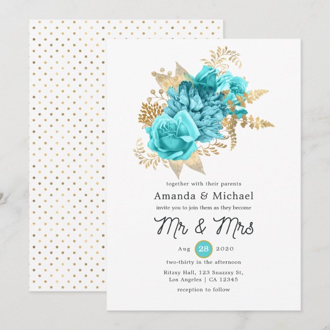 Aqua and Gold Floral Wedding Invitation (Front/Back)