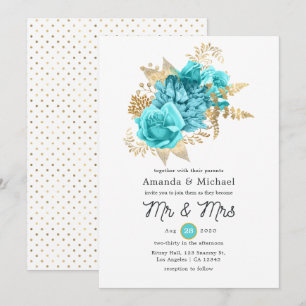 Aqua and Gold Floral Wedding Invitation