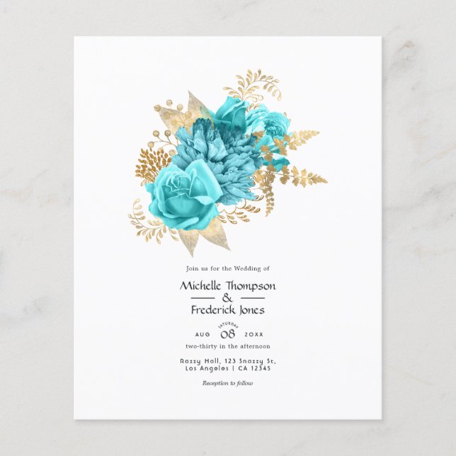 Aqua and Gold Floral Wedding Invitation Flyer (Front)