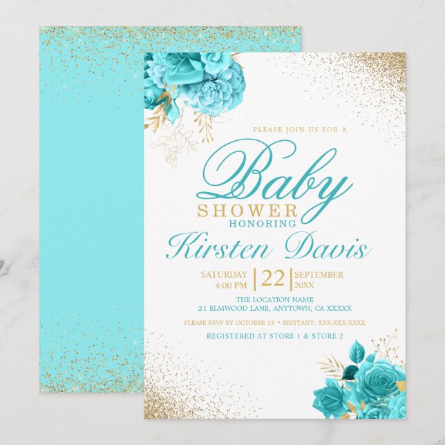 Aqua and Gold Glitter Floral Boy Baby Shower Invitation (Front/Back)