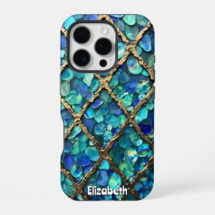 Aqua and Gold Grid Texture iPhone 16 Pro Case