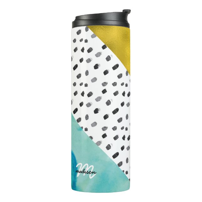Aqua and Gold Mixed Media Monogrammed Thermal Tumbler (Rotated Left)