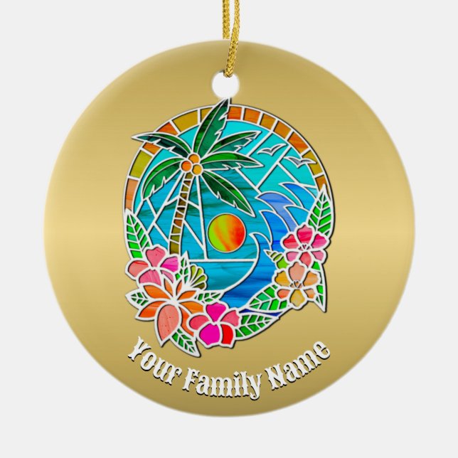 Aqua and Gold Ocean Palm Tree Summer Landscape Ceramic Tree Decoration (Front)