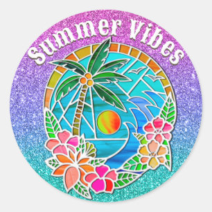 Aqua and Gold Ocean Palm Tree Summer Landscape Classic Round Sticker