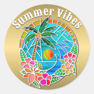 Aqua and Gold Ocean Palm Tree Summer Landscape Classic Round Sticker