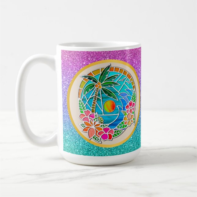 Aqua and Gold Ocean Palm Tree Summer Landscape Coffee Mug (Left)